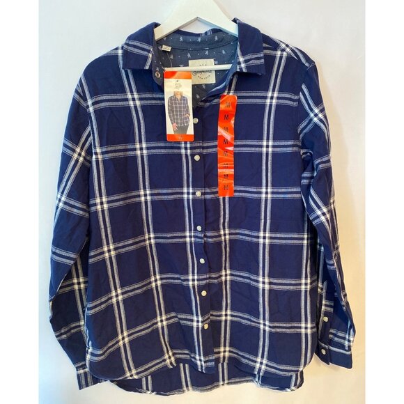 Jachs New York Women Plaid Button-Up Shirt Medium Navy White Flannel Long Sleeve - Picture 1 of 10